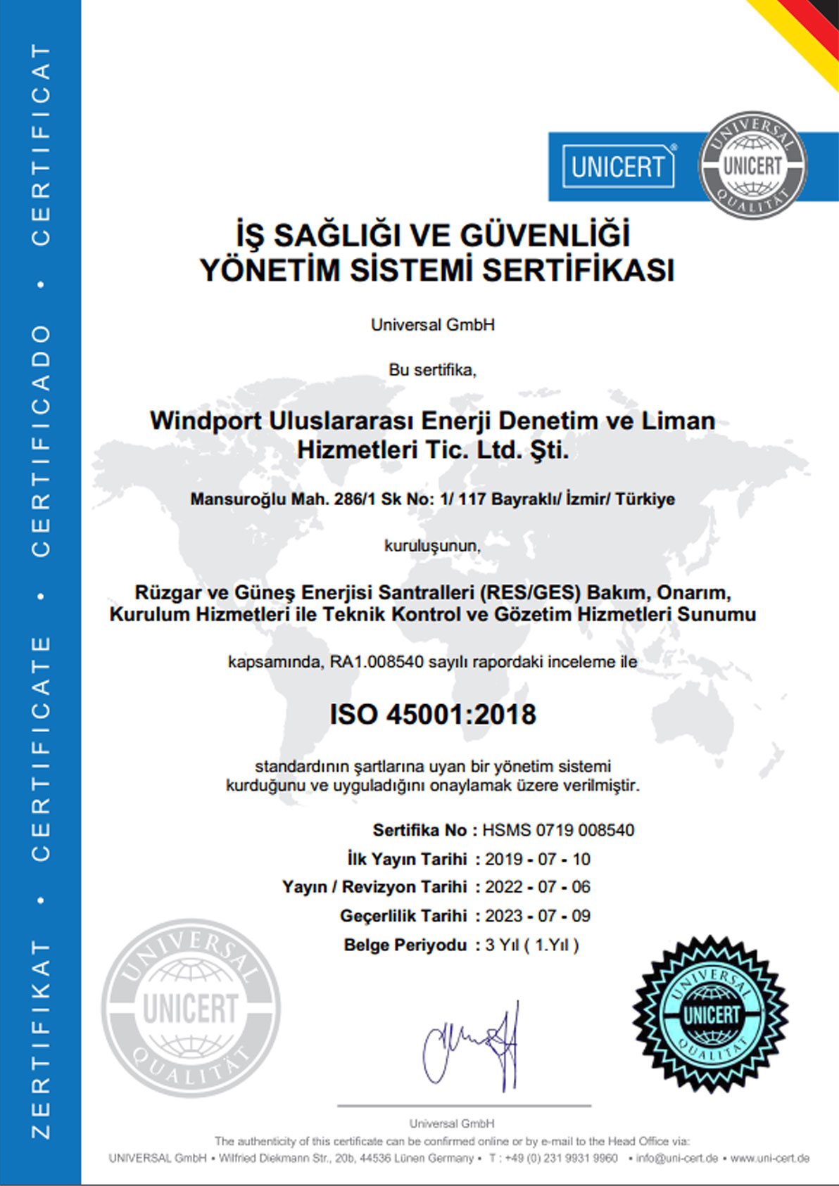 ISO 45001 8540 HSMS Belgesi