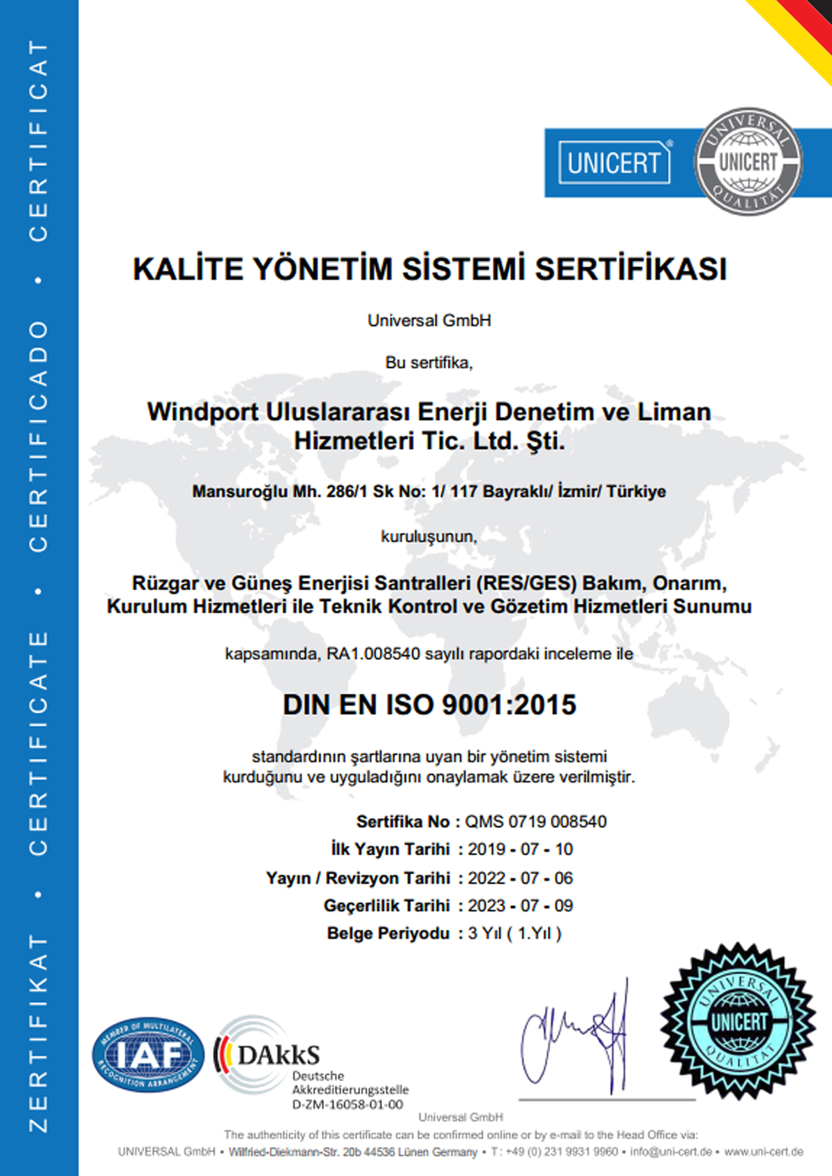 ISO 9001 QMS Belgesi